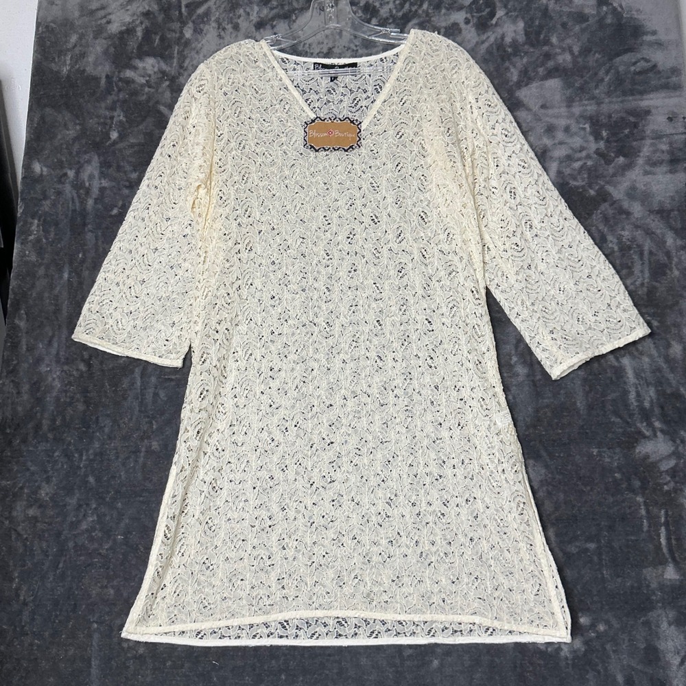 Blossom Boutique Ivory Floral Lace V-Neck Cover-Up Dress 3/4 Sleeve Cream Large